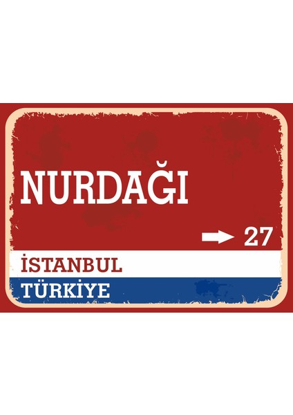 Gaziantep Nurdağı Retro Sokak Yön Tabelası Vintage Pvc Dekota Uv Poster Yapışkanlı 35X25