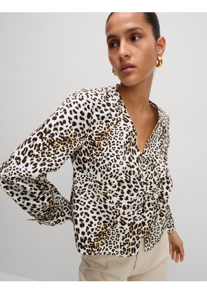 Saf Pamuklu Baskılı Bağcıklı Bluz