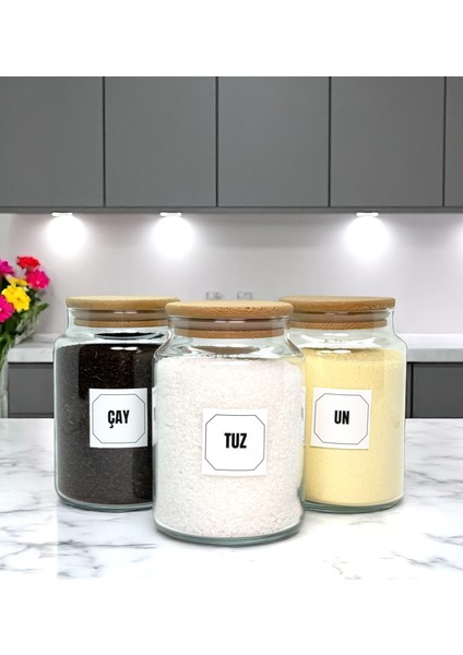 3'lü Ahşap Vakum Kapaklı Cam Çay Un Tuz Saklama Kavanozu Seti 800 ml Etiket Hediyeli
