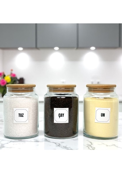 3'lü Ahşap Vakum Kapaklı Cam Çay Un Tuz Saklama Kavanozu Seti 800 ml Etiket Hediyeli fiyatları
