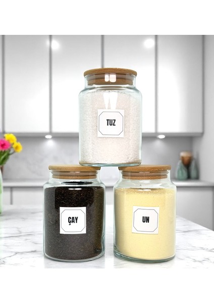 3'lü Ahşap Vakum Kapaklı Cam Çay Un Tuz Saklama Kavanozu Seti 800 ml Etiket Hediyeli modelleri