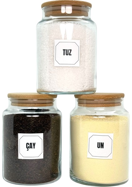 3'lü Ahşap Vakum Kapaklı Cam Çay Un Tuz Saklama Kavanozu Seti 800 ml Etiket Hediyeli fırsatları