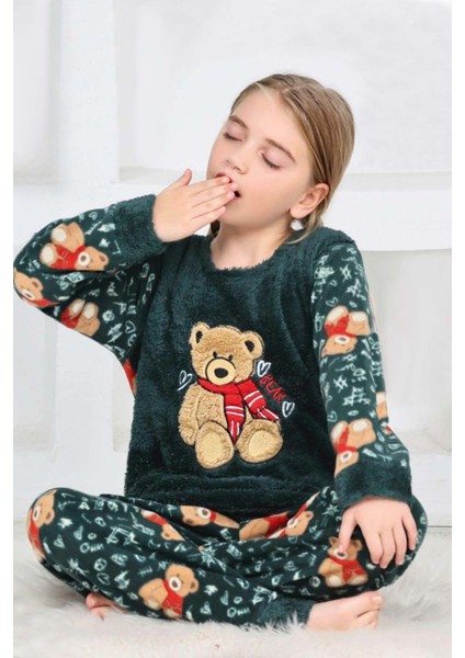 Kız Çocuk Ayıcık Desenli Göz Bantlı Peluş Polar Pijama Takımı