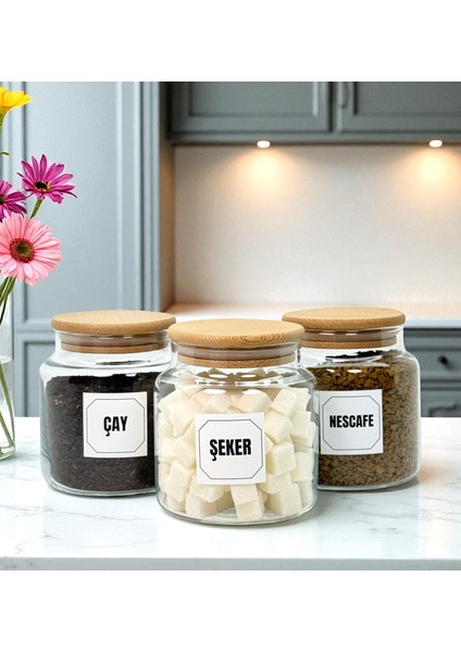 3'lü Ahşap Vakum Kapaklı Cam Çay Şeker Hazır Kahve Saklama Kavanozu Seti 500 ml Etiket Hediyeli