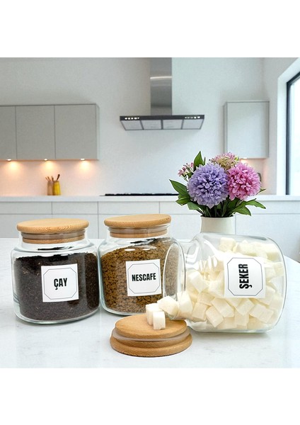 3'lü Ahşap Vakum Kapaklı Cam Çay Şeker Hazır Kahve Saklama Kavanozu Seti 500 ml Etiket Hediyeli fiyatları