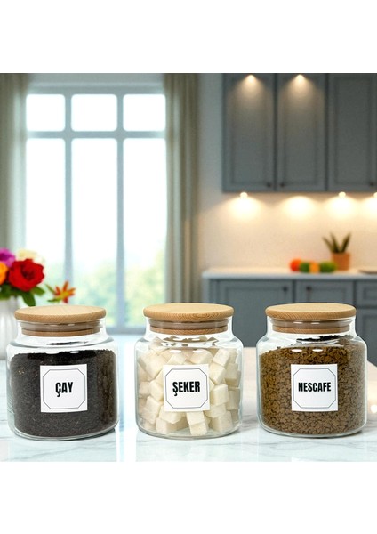 3'lü Ahşap Vakum Kapaklı Cam Çay Şeker Hazır Kahve Saklama Kavanozu Seti 500 ml Etiket Hediyeli modelleri
