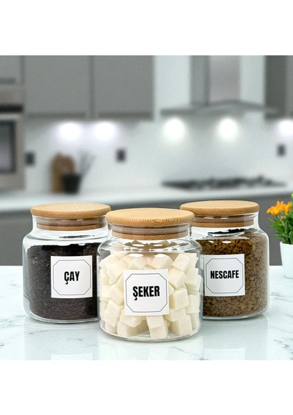 3'lü Ahşap Vakum Kapaklı Cam Çay Şeker Hazır Kahve Saklama Kavanozu Seti 500 ml Etiket Hediyeli indirimleri