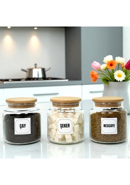 3'lü Ahşap Vakum Kapaklı Cam Çay Şeker Hazır Kahve Saklama Kavanozu Seti 500 ml Etiket Hediyeli