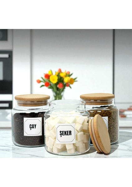 3'lü Ahşap Vakum Kapaklı Cam Çay Şeker Hazır Kahve Saklama Kavanozu Seti 500 ml Etiket Hediyeli