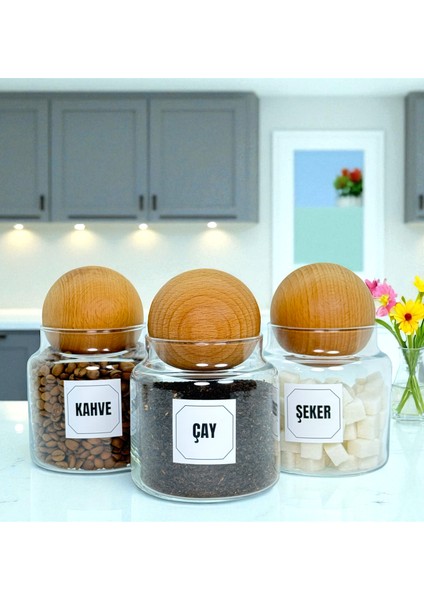 3'lü Ahşap Top Kapaklı Cam Çay Kahve Şeker Saklama Kavanozu Seti 500 ml Etiket Hediyeli