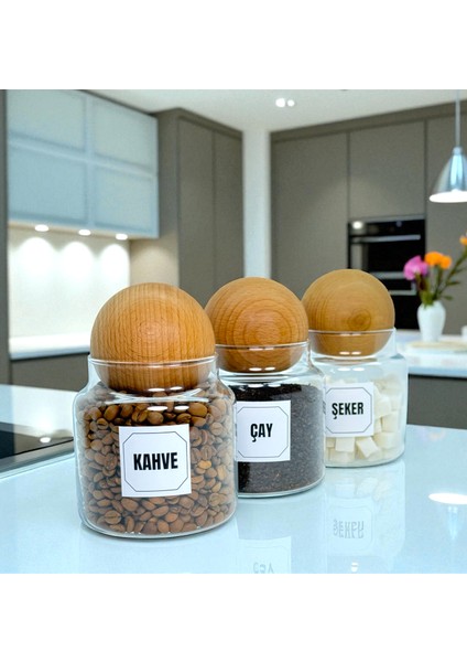 3'lü Ahşap Top Kapaklı Cam Çay Kahve Şeker Saklama Kavanozu Seti 500 ml Etiket Hediyeli fiyatları