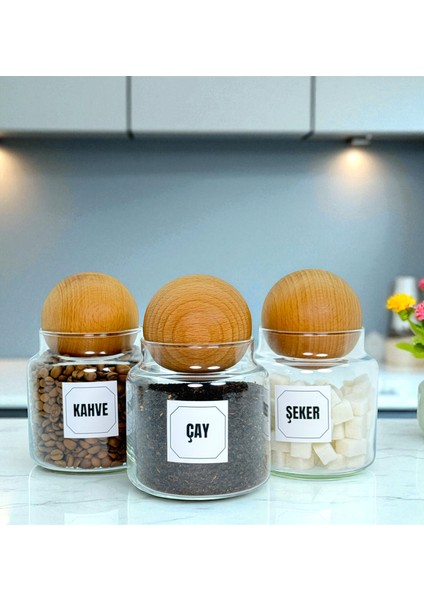 3'lü Ahşap Top Kapaklı Cam Çay Kahve Şeker Saklama Kavanozu Seti 500 ml Etiket Hediyeli fırsatları