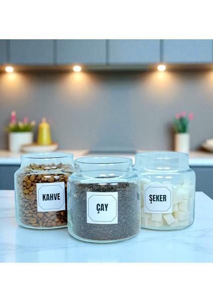 3'lü Ahşap Top Kapaklı Cam Çay Kahve Şeker Saklama Kavanozu Seti 500 ml Etiket Hediyeli