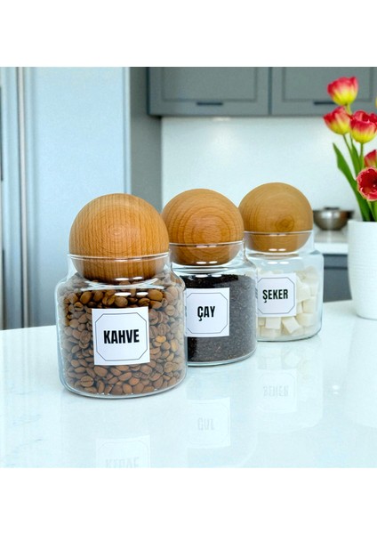 3'lü Ahşap Top Kapaklı Cam Çay Kahve Şeker Saklama Kavanozu Seti 500 ml Etiket Hediyeli