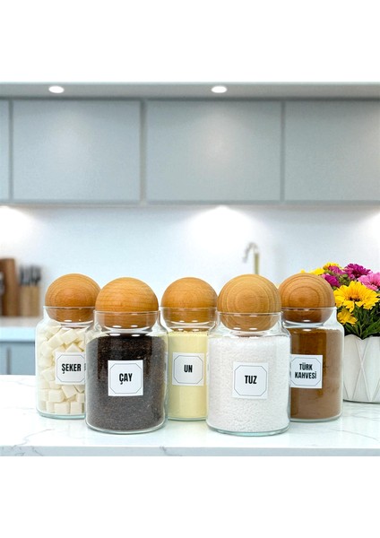 5'li Ahşap Top Kapaklı Cam Tuz Un Çay Şeker Türk Kahvesi Saklama Kavanozu Seti Etiket Hediyeli