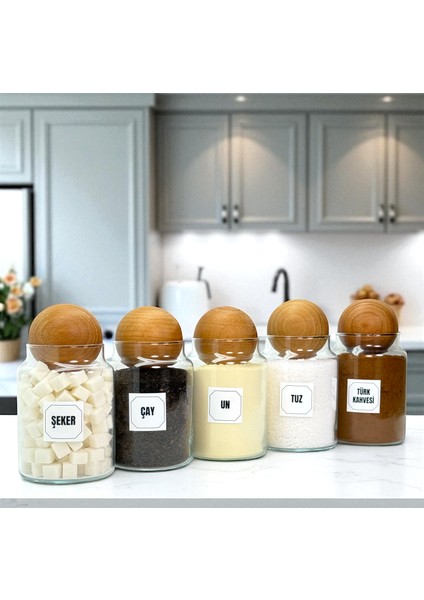 5'li Ahşap Top Kapaklı Cam Tuz Un Çay Şeker Türk Kahvesi Saklama Kavanozu Seti Etiket Hediyeli fiyatları