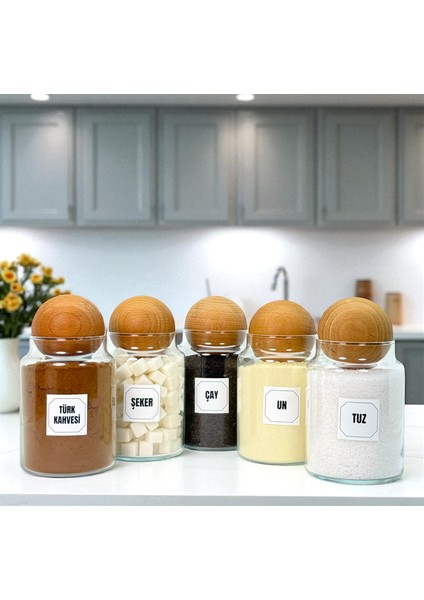 5'li Ahşap Top Kapaklı Cam Tuz Un Çay Şeker Türk Kahvesi Saklama Kavanozu Seti Etiket Hediyeli modelleri