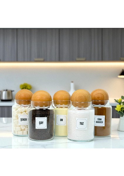 5'li Ahşap Top Kapaklı Cam Tuz Un Çay Şeker Türk Kahvesi Saklama Kavanozu Seti Etiket Hediyeli fırsatları