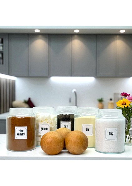 5'li Ahşap Top Kapaklı Cam Tuz Un Çay Şeker Türk Kahvesi Saklama Kavanozu Seti Etiket Hediyeli indirimleri