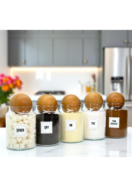 5'li Ahşap Top Kapaklı Cam Tuz Un Çay Şeker Türk Kahvesi Saklama Kavanozu Seti Etiket Hediyeli