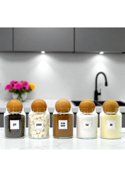 5'li Ahşap Top Kapaklı Cam Tuz Un Çay Şeker Türk Kahvesi Saklama Kavanozu Seti Etiket Hediyeli