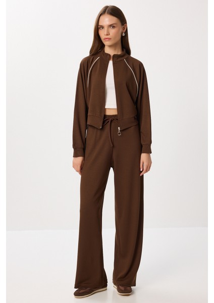 Kontrast Şeritli Modal Alt-Üst Takım LBY0012 Kahverengi