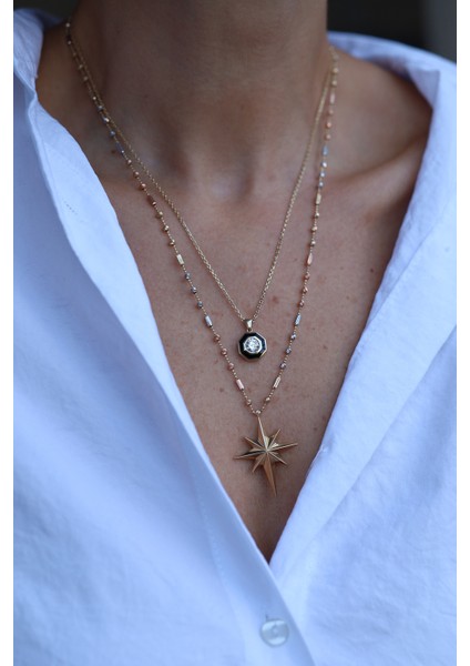 14 Ayar Altın Ema Çift Sıra Objeli Kolye