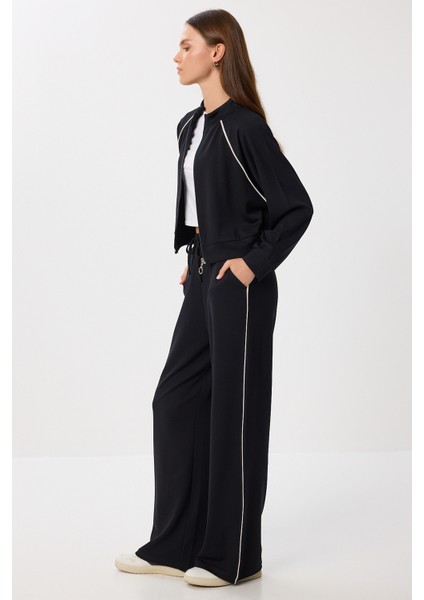 Kontrast Şeritli Modal Alt-Üst Takım LBY0012 Siyah