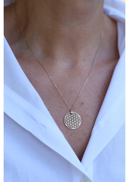 14 Ayar Altın Tek Taş Detaylı Yaşam Çiçeği Kolye