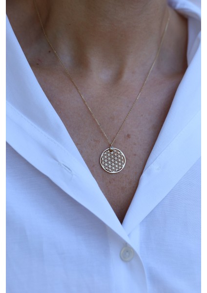 14 Ayar Altın Tek Taş Detaylı Yaşam Çiçeği Kolye modelleri