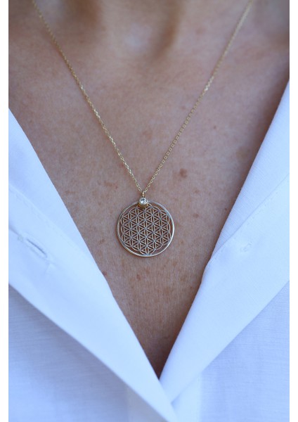 14 Ayar Altın Tek Taş Detaylı Yaşam Çiçeği Kolye indirimleri