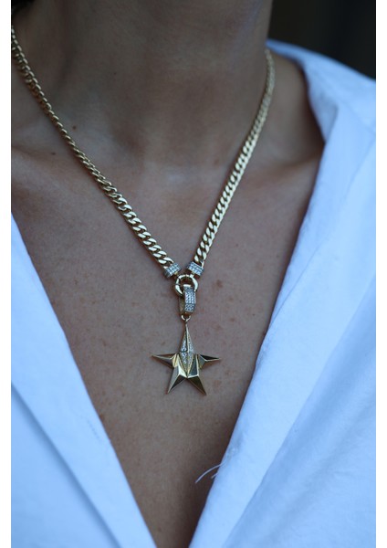 14 Ayar Altın Ema Taş Kaplama Detaylı Geometrik Yıldız Kolye Ucu fiyatları