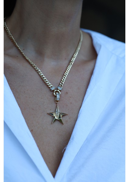 14 Ayar Altın Ema Taş Kaplama Detaylı Geometrik Yıldız Kolye Ucu modelleri