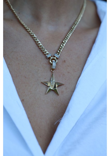14 Ayar Altın Ema Taş Kaplama Detaylı Geometrik Yıldız Kolye Ucu indirimleri