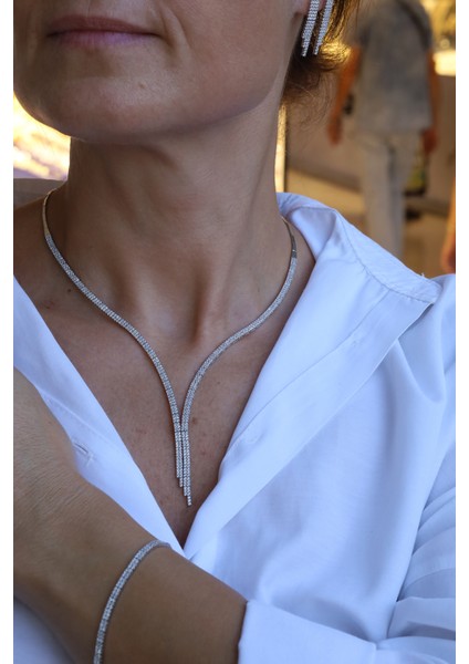 14 Ayar Beyaz Altın Zarif Sarkıt Su Yolu Set