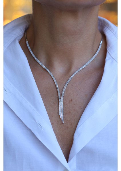 14 Ayar Beyaz Altın Zarif Sarkıt Su Yolu Gerdanlık indirimleri