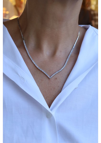 14 Ayar Beyaz Altın Baget Taşlı Su Yolu Gerdanlık fırsatları