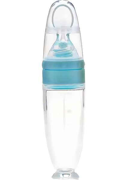 Mavi Sıkma Silikon Hazneli Kaşıklı Bebek Biberonu 90 ml