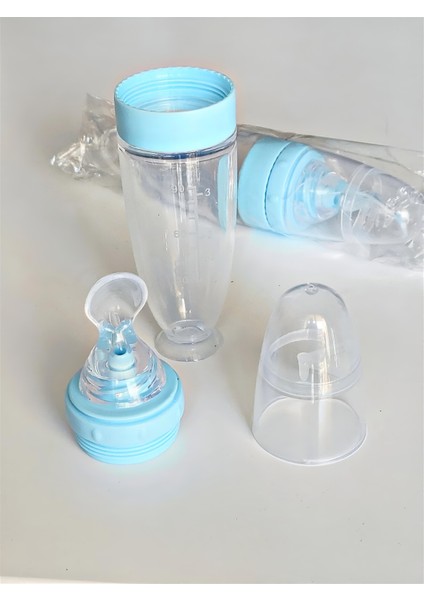 Mavi Sıkma Silikon Hazneli Kaşıklı Bebek Biberonu 90 ml modelleri