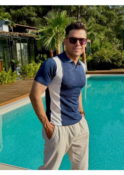 Beyaz Çizgili Lacivet Polo Yaka T-Shirt