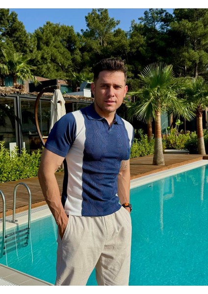 Beyaz Çizgili Lacivet Polo Yaka T-Shirt fiyatları