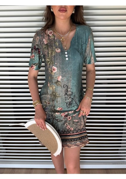 Kadın Kısa Kollu V Yakalı Çiçek Baskılı Midi Süprem Elbise modelleri