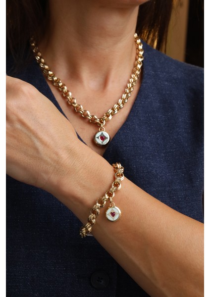 14 Ayar Altın Cetaş Dotch Zincirli Ortası Taş ve Mine Detaylı Set