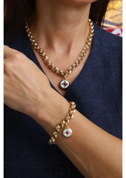 14 Ayar Altın Cetaş Dotch Zincirli Ortası Taş ve Mine Detaylı Set fiyatları