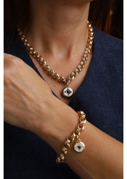 14 Ayar Altın Cetaş Dotch Zincirli Ortası Taş ve Mine Detaylı Set fırsatları