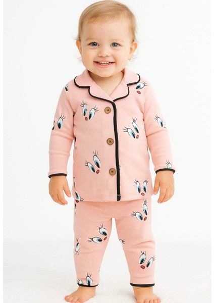Tuembaby Gömlek Yaka Uzun Kollu Pamuklu Civciv Baskılı Bebek Pijama Takımı 6-9 Ay/ 9-12 Ay/12-18 Ay/ 18/24 Ay