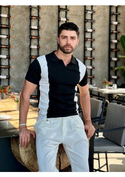 Beyaz Çizgili Siyah Polo Yaka T-Shirt