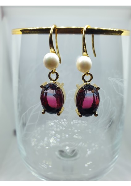 Turmalin Orjinal Doğal Taş Altın Kaplama Incili Mengeç Sallantılı Oval Küpe