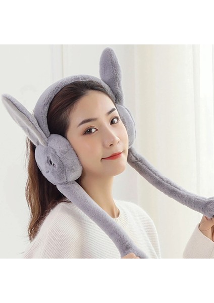 Peluş Tavşan Hareketli Oynar Kulaklı Çocuk Kulak Isıtıcı Koruyucu - Gri Rengi
