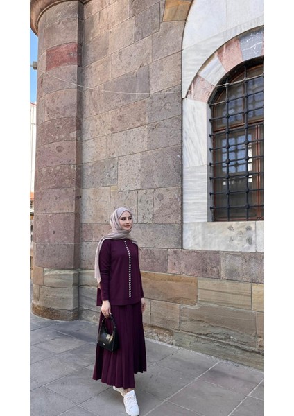 1351 Taşlı Etekli Takım Bordo
